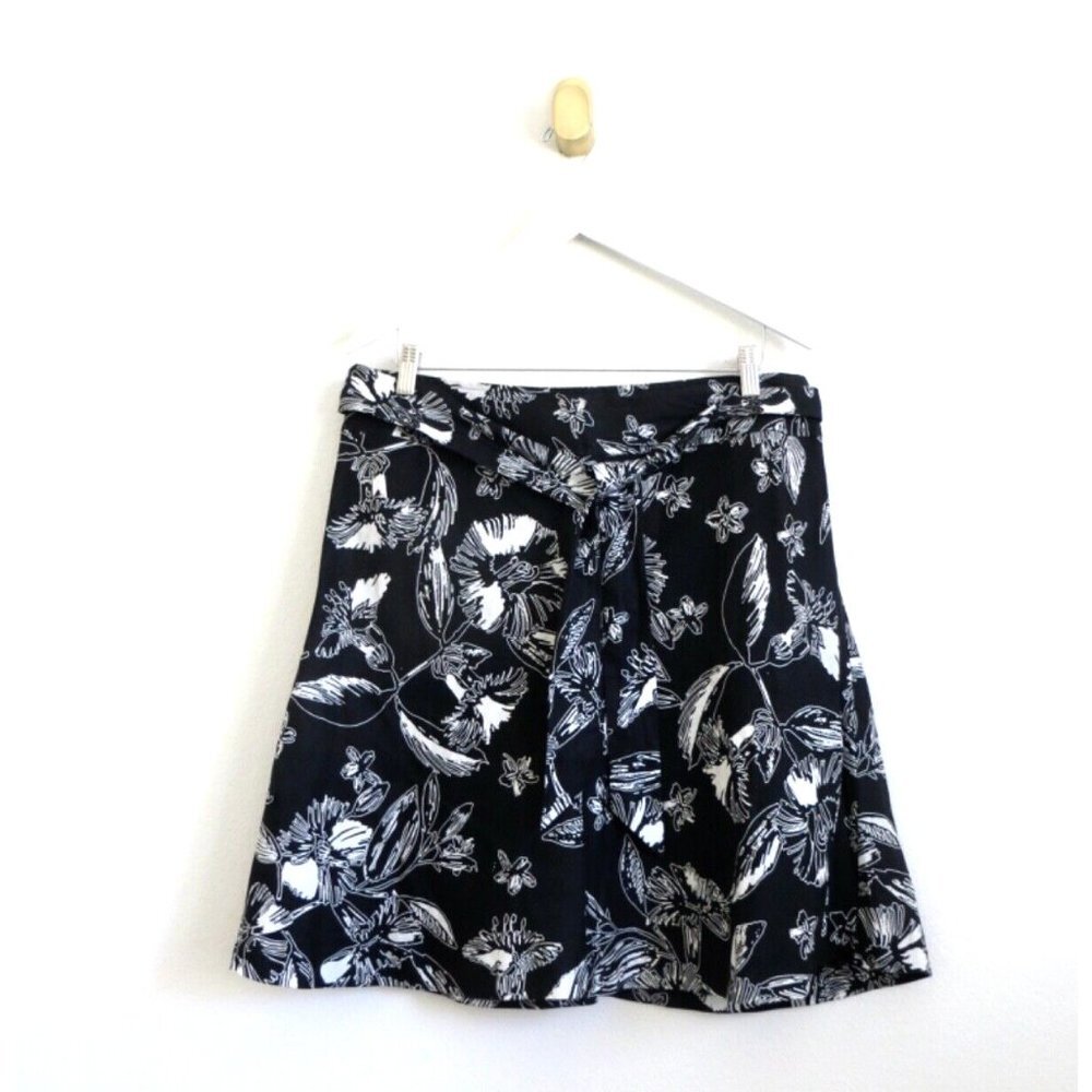 NEW! MERONA 100% Linen Floral Skirt Waist Tie Black SZ 10